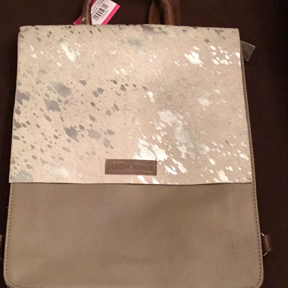 Sassy Jones, H14” x W 11 1/2”, taupe with silver Mohar